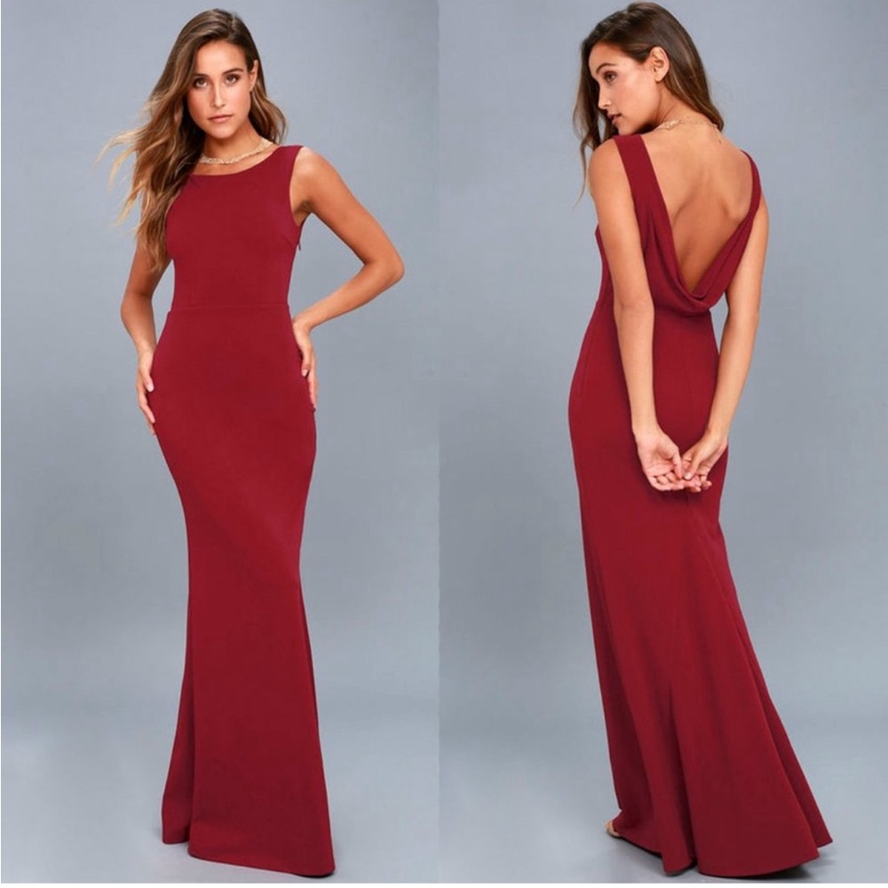 LULUS: INTO THE NIGHT WINE RED BACKLESS MAXI DRESS